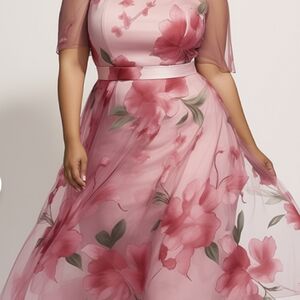 Plus Size Wedding Guest Pink Floral Round Neck Short Sleeve See Through Chiffon